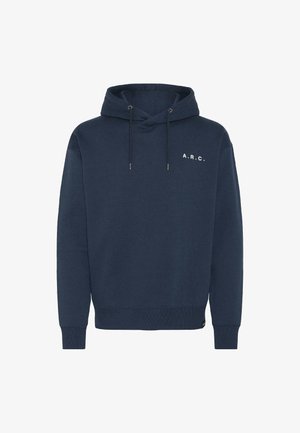 Marineblå hættetrøje lavet af blødt stof, med en frontlomme, justerbar snørrelukning på hætten, og hvid "A.R.C." tekst på brystet.