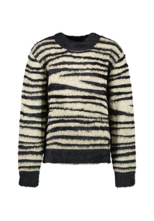 Fuzzy trui met een zwart en roomkleurig gestreept patroon, ronde halslijn en ribgebreide manchetten en zoom. De stof heeft een zachte textuur.
