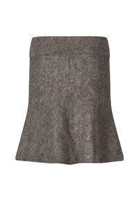 Jupe grise en maille avec une large ceinture côtelée et un léger évasement à l'ourlet, confectionnée dans un tissu doux et texturé.
