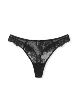 Perizoma in pizzo nero con motivi floreali e piccolo fiocco centrale, tessuto trasparente, progettato per la lingerie femminile.