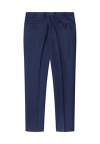 Marineblaue Hosen aus Baumwollmischung mit flachem Frontdesign, zwei Gesäßtaschen mit Knöpfen und geradem Beinschnitt.