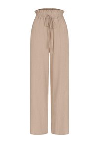 Pantalons large en beige clair, texturés, avec une taille élastique et un cordon de serrage. Présentent une finition froissée, adaptés pour un usage décontracté.
