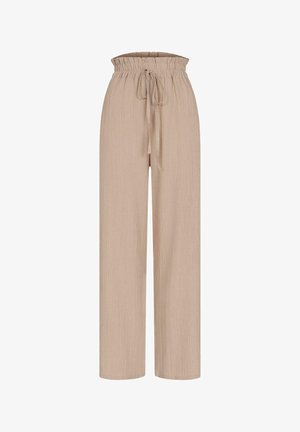 Lys beige, strukturerede vide benbukser med elastisk talje og snøre. Har en krøllet finish, velegnet til afslappet brug.