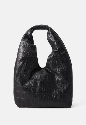 Black handbag made of textured leather with a crocodile pattern, featuring a folded top handle and a slouchy, hobo shape.