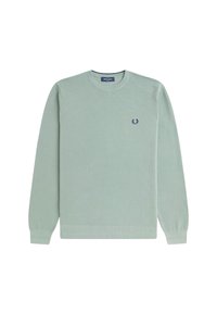 Suéter de punto verde claro con cuello redondo, mangas largas, dobladillo acanalado y un logotipo bordado en azul marino en el lado izquierdo del pecho.