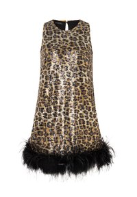 Robe sans manches présentant un motif léopard avec des paillettes, une combinaison de couleurs or et noir, et une finition en plumes noires au niveau de l'ourlet.