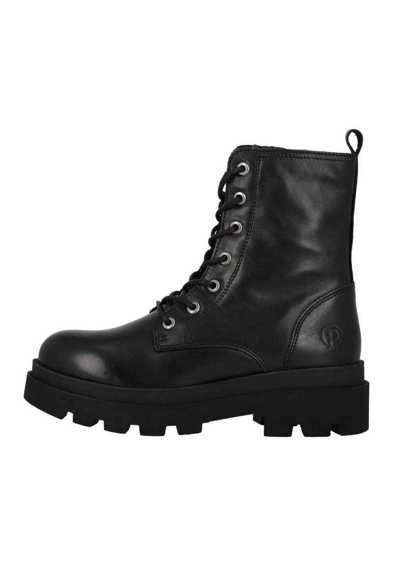 Botas de combate de cuero negro con punta redonda, cierre de cordones en la parte delantera, ojales de metal y suela de goma gruesa y texturizada. Logo grabado en el lateral.