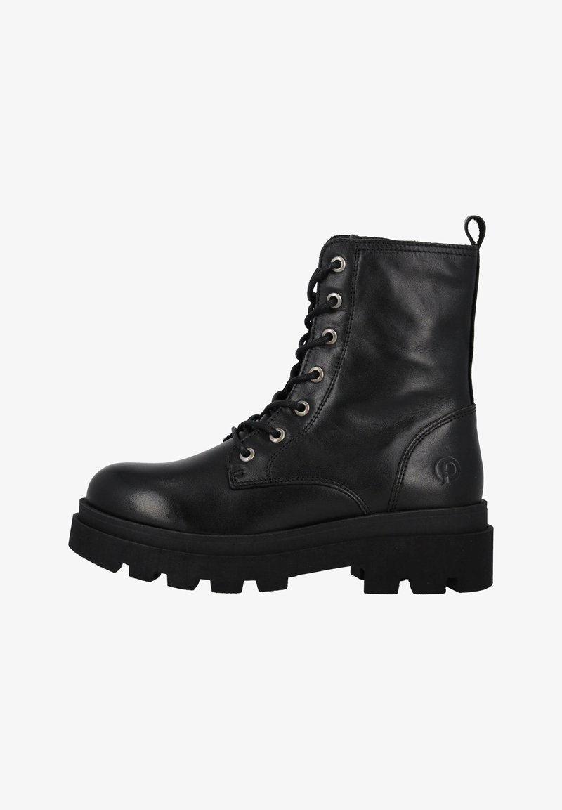 Botas de combate de cuero negro con punta redonda, cierre de cordones en la parte delantera, ojales de metal y suela de goma gruesa y texturizada. Logo grabado en el lateral.