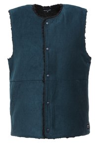 Dunkeltürkiser Cord-Ripp-Strick-Weste ohne Ärmel mit schwarzem Fleece-Futter, Druckknopfverschluss und Seitentaschen.