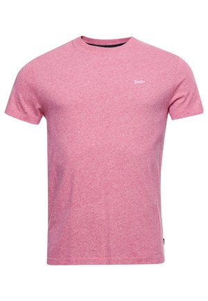 Kortærmet t-shirt i meleret pink stof med rund hals og et lille hvidt logo på venstre bryst. Standard pasform.