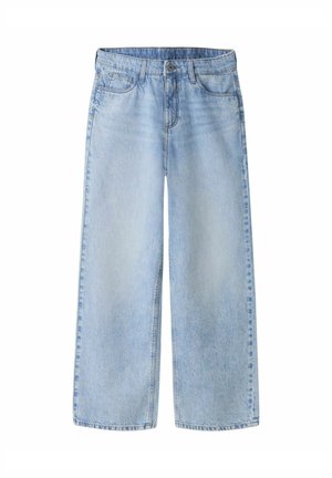 Svetlo modri široki kavbojke iz denima, z gumbom na zapiranje, petimi žepi in rahlo bledim videzom za sproščen fit.