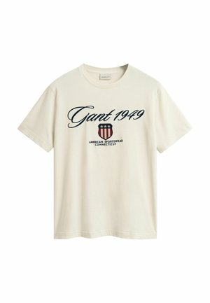 Cremfarbendes Baumwoll-T-Shirt mit einem navyblauen Druck: "Gant 1949," einem Schild-Logo mit roten und weißen Streifen sowie "American Sportswear Connecticut."