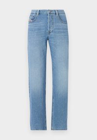 Light blue denim jeans with a straight leg design, button closure, five-pocket styling, and subtle faded texture. Classic jean silhouette.