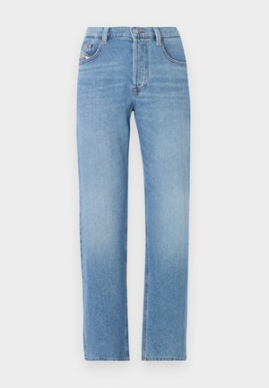 Light blue denim jeans with a straight leg design, button closure, five-pocket styling, and subtle faded texture. Classic jean silhouette.