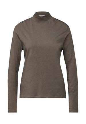 Hnědý dlouhý rukáv turtleneck vyrobený z hladké látky, s přiléhavým střihem a jemným prošíváním podél švů.