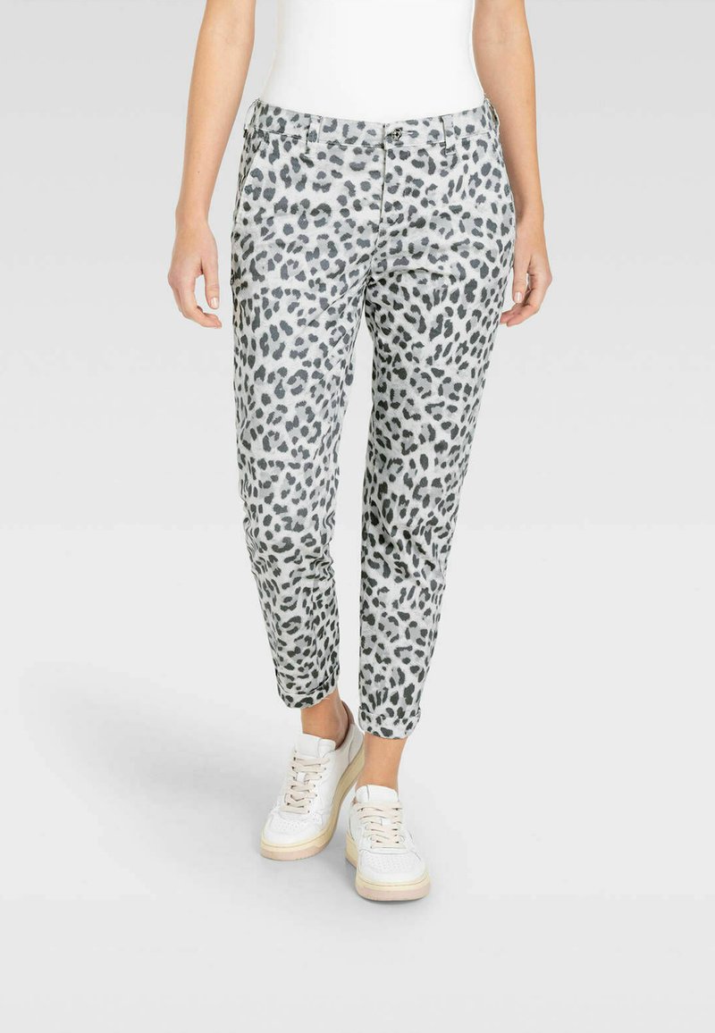 Leopard print pants in grey and black, featuring a slim fit, front pockets, and cuffs at the ankles. Soft texture, designed for casual wear.