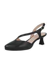Zapato slingback de cuero negro con punta afilada, diseño recortado, correa delgada en el tobillo y un tacón bloque de 5 cm. Presenta una textura suave.