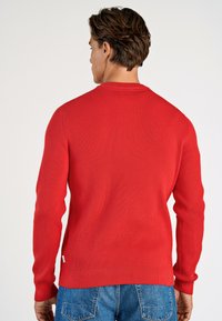 Uomo con capelli corti castani che indossa un maglione rosso a coste e jeans blu, girato di spalle contro uno sfondo bianco uniforme.
