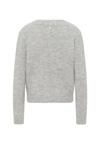 Szary sweter z dzianiny z długimi rękawami, okrągłym dekoltem i prążkowanym obszyciem na dole. Z tyłu znajduje się mały dekoracyjny guzik.