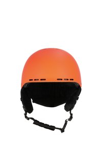 Orange mat hjelm med sort indvendig polstring og justerbar rem. Har ventilationshuller langs de øvre sider for luftcirkulation.