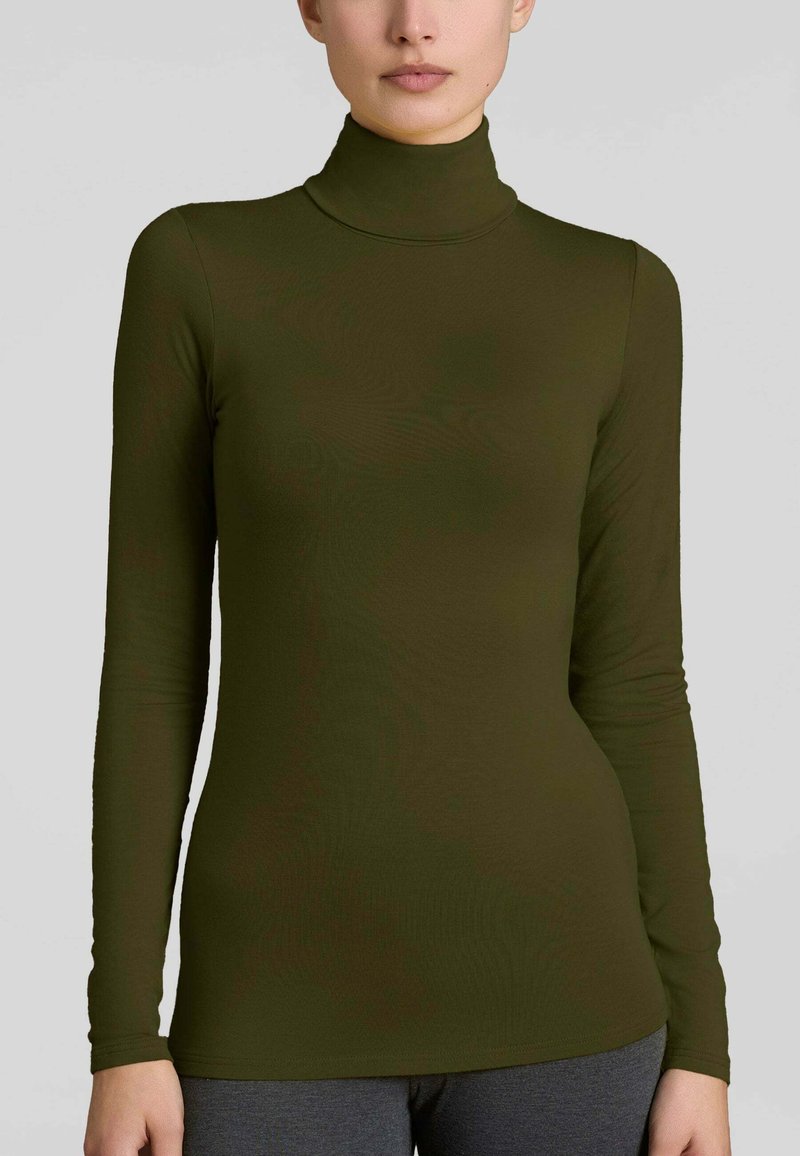 Maglione verde oliva a maniche lunghe con collo alto, realizzato in un tessuto liscio e elasticizzato. Design aderente con collo alto e maniche lunghe fino ai polsi.