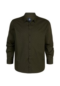 Camisa de manga larga de patrón verde con botón en la parte delantera. Presenta un cuello, botones negros y un sutil diseño geométrico en la tela.