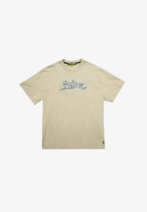 T-shirt beige a maniche corte con scollatura rotonda e grafica astratta grigia centrata sul petto.