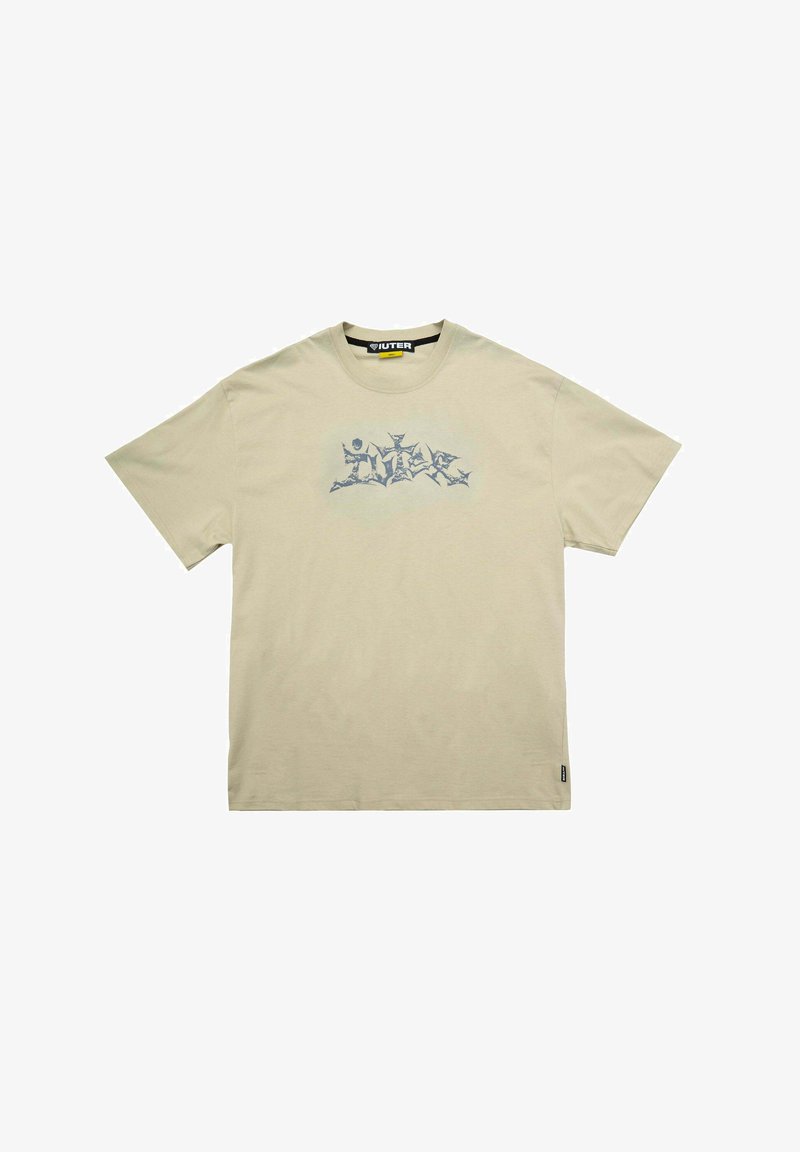 T-shirt beige a maniche corte con scollatura rotonda e grafica astratta grigia centrata sul petto.