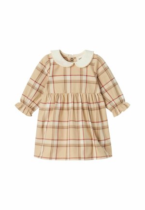 Abito a quadri beige con maniche lunghe, colletto bianco a scallop e polsini con ruches. Presenta una gonna svasata e chiusura a bottoni sul retro.