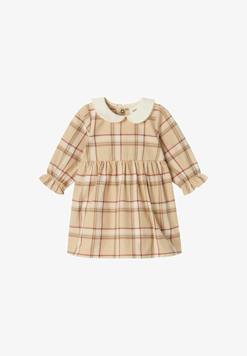 Abito a quadri beige con maniche lunghe, colletto bianco a scallop e polsini con ruches. Presenta una gonna svasata e chiusura a bottoni sul retro.