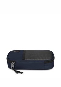 Navy blue rectangular case with a black mesh top panel, zipper closure, and a sturdy fabric texture, ideal for organizing items.