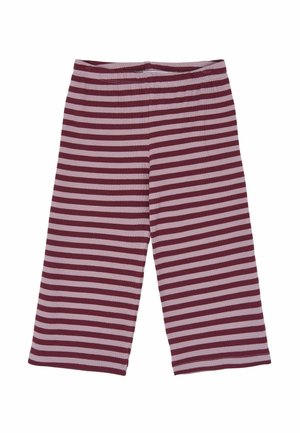 Pantalon large pour enfants avec taille élastique, présentant des rayures horizontales bordeaux et rose clair.