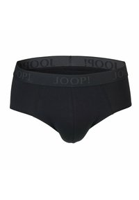 Czarne męskie majtki typu slipy z szerokim elastycznym paskiem w talii, na którym delikatnie umieszczona jest nazwa marki "JOOP!".