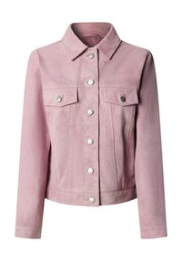 Giacca in suede rosa chiaro con maniche lunghe, colletto, bottoni a pressione argentati sul davanti e due tasche sul petto con patta e bottoni.