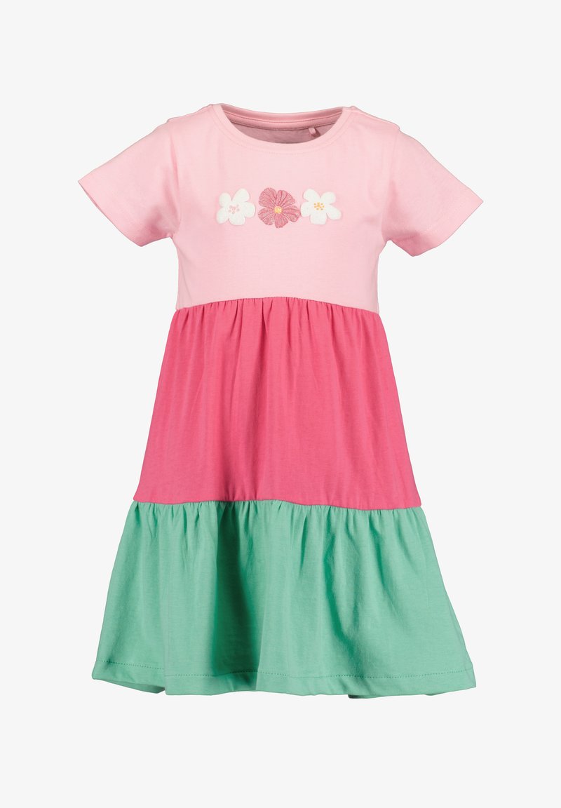 Abito a maniche corte con parte superiore rosa, gonna a strati rosa e verde, e ricamo floreale sul corpino. Realizzato in morbido cotone.