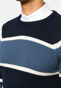 Mörkblå stickad tröja med horisontella ränder i ljusblått och vitt. Har rundad halsringning och ribbade ärmslut. Strukturerad tyg.