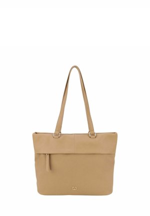 Borsa tote tan in rigidità duale: parte superiore in pelle liscia e parte inferiore in tessuto testurizzato. Include due manici per spalla e una tasca con cerniera.
