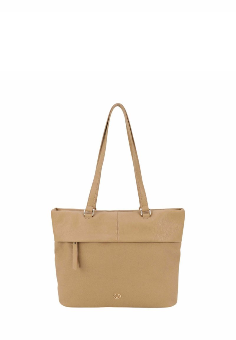 Borsa tote tan in rigidità duale: parte superiore in pelle liscia e parte inferiore in tessuto testurizzato. Include due manici per spalla e una tasca con cerniera.