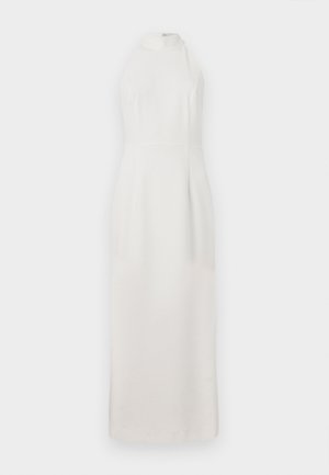 White, sleeveless dress with a high neck, made of smooth fabric. Features a fitted bodice and a flowing skirt that extends to the floor.