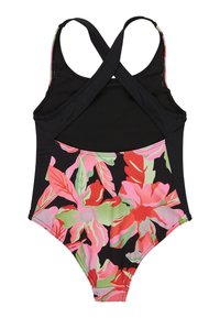 Én-delt badedragt med en sort bodice og et levende blomstermønster i pink, rød og grøn på den nederste halvdel. Krydsrygdesign.