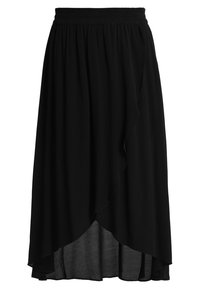 Musta maxi-hame, jossa joustava vyötärö, kerroksellinen muotoilu ja virtaava materiaali, etuosassa hieman liehuva helma.