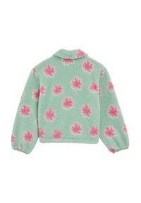 Giacca in pile verde menta con motivo floreale rosa. Presenta un colletto, polsini elastici e un design corto. Tessuto morbido e strutturato.