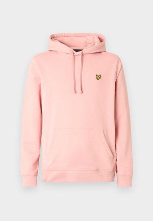 Világos rózsaszín kapucnis pulóver puha anyagból, elöl zsebbel, húzózsinórokkal és a mellkason egy kis fekete-sárga pillangó logóval.