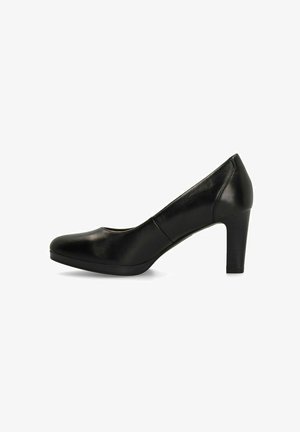 Black leather high-heeled shoe with a rounded toe, smooth texture, and a sturdy block heel. Simple design without embellishments.