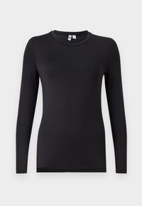 Μαύρο μπλουζάκι μακρυμάνικο από ελαστικό ύφασμα, με στρογγυλή λαιμόκοψη και εφαρμοστή σχεδίαση, χωρίς ορατά μοτίβα ή μεταλλικά στοιχεία.