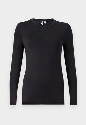 Fekete, hosszú ujjú ing, rugalmas anyagból, kerek nyakkivágással és testhezálló szabással, látható minták vagy díszítőelemek nélkül.