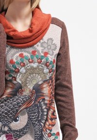 Langärmliges Oberteil mit braunem Körper, orangefarbigem Kragen und einem bedruckten Eulendesign mit komplexen Mustern und farbenfrohen Akzenten.