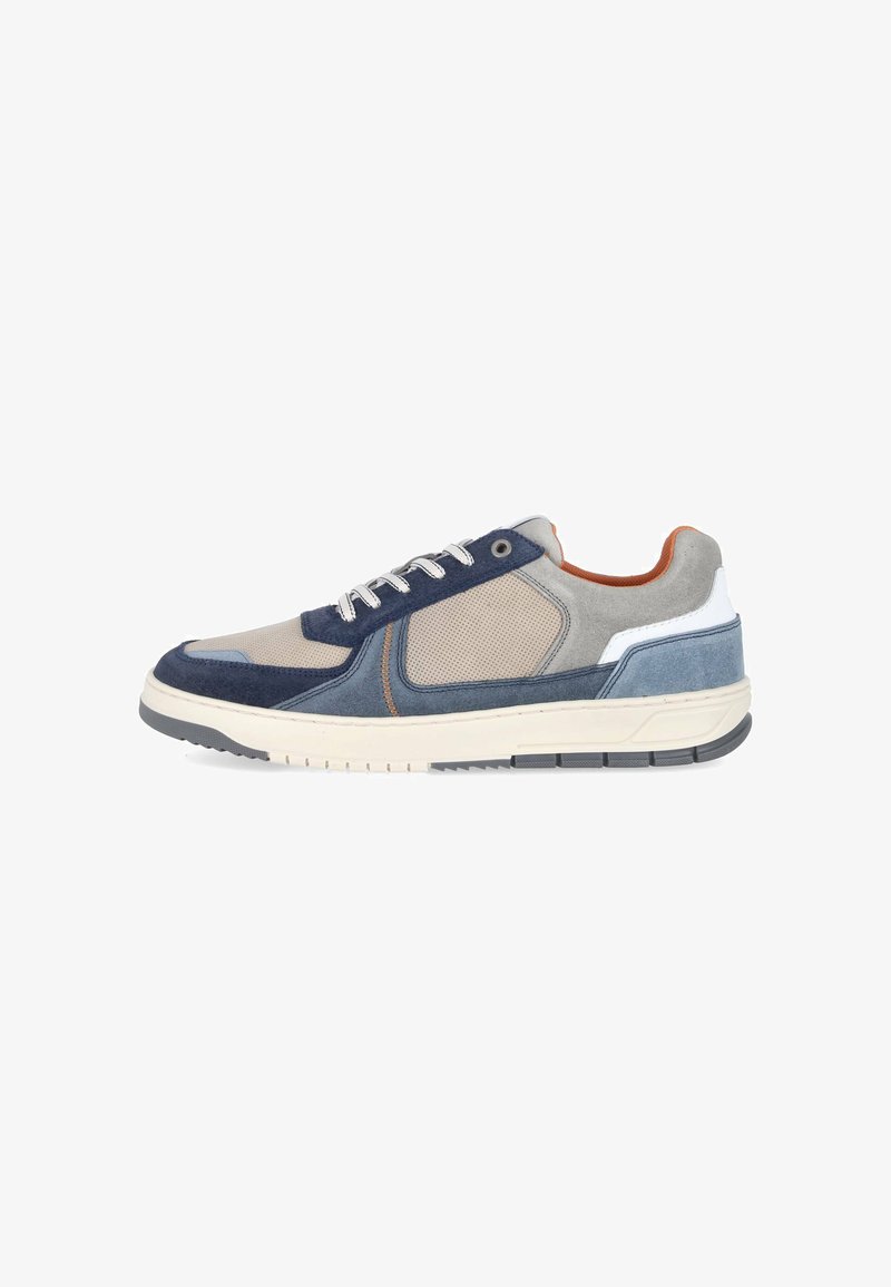 Casual low-top sneaker with blue, gray, and beige suede and mesh panels, white laces, orange interior lining, and a white sole with black tread.