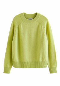 Pull en maille vert lime avec un col rond, des manches raglan et un ourlet et des poignets côtelés. Texture douce et coupe légèrement oversized.