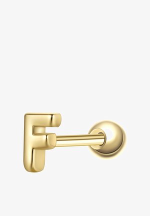 Crochet mural métallique de couleur or en forme de lettre F avec un bras cylindrique et une plaque de base ronde.